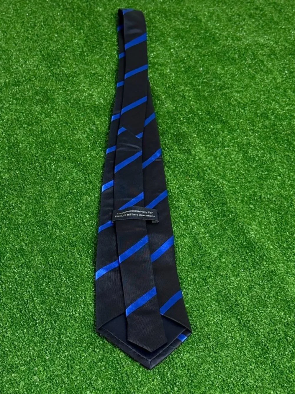 Rare FNH LLC Military Operations Monogram Silk Regimental Tie Navy Royal Silk